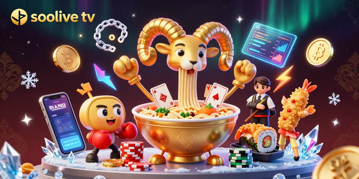Socolive TV features a lively scene of a giant ramen bowl dealer interacting with vibrant crypto elements, showcasing poker excitement.