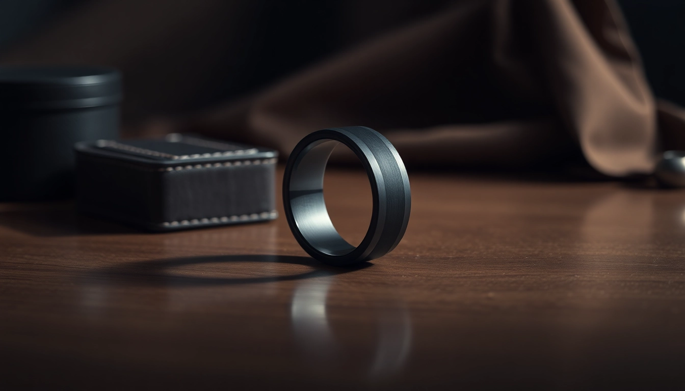 Admire the unique design of Black Wedding Rings for Men displayed on a polished surface.