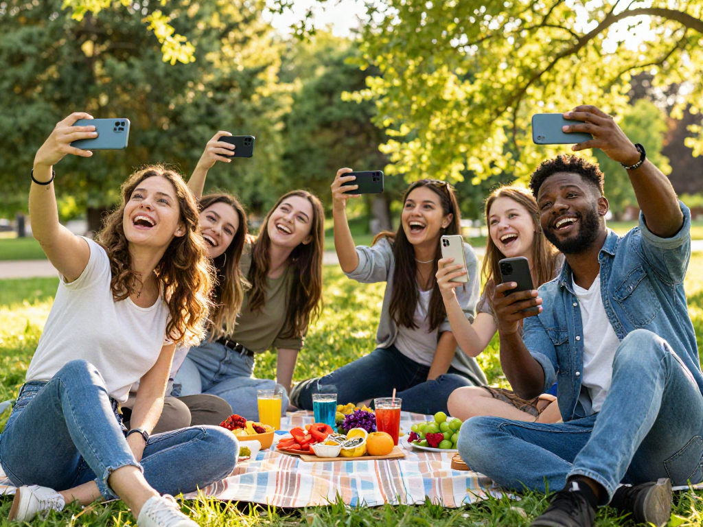 Friends enjoying the outdoors while using a "how old do I look" app in a fun park setting.