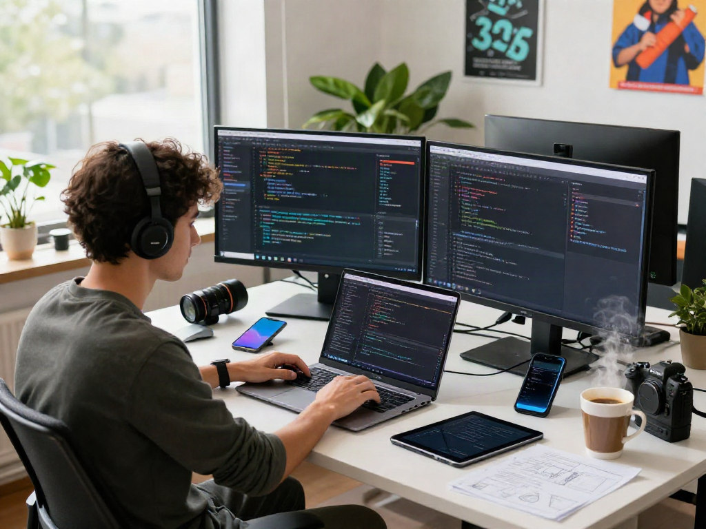 Developer coding in a vibrant workspace with gb whatsapp apk on multiple screens.