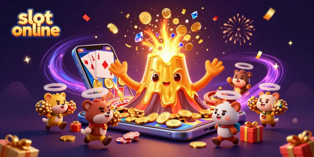 Spin the reels on slot online games as golden treasures erupt from a volcano, captivating players with excitement.