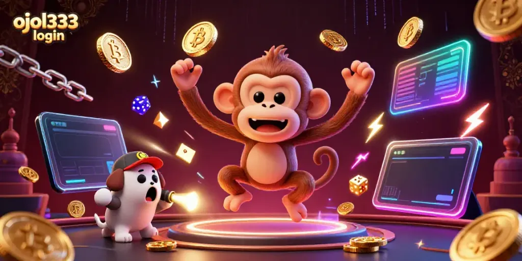 Engage with the dynamic scene featuring ojol333 login as a playful poltergeist monkey juggles casino tokens surrounded by colorful crypto assets.