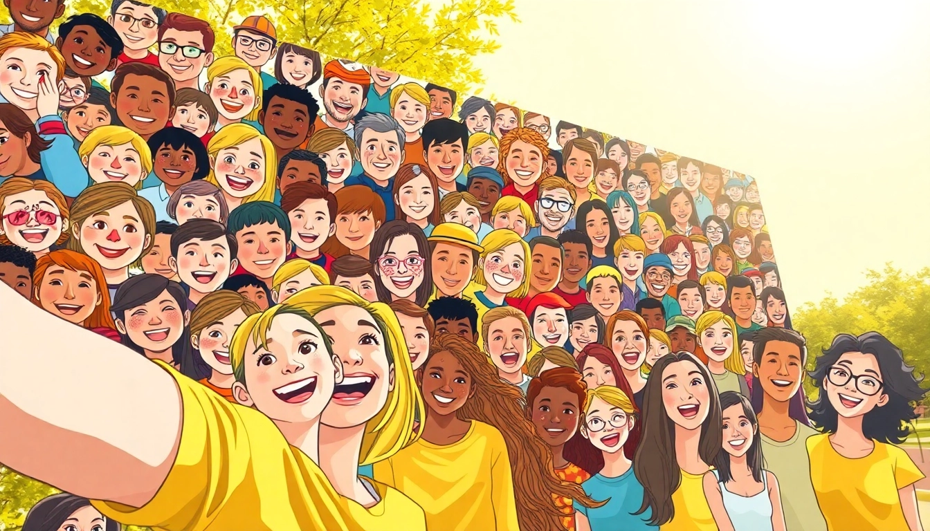 Engaging selfie mosaic displaying joyful expressions in a vibrant outdoor setting.