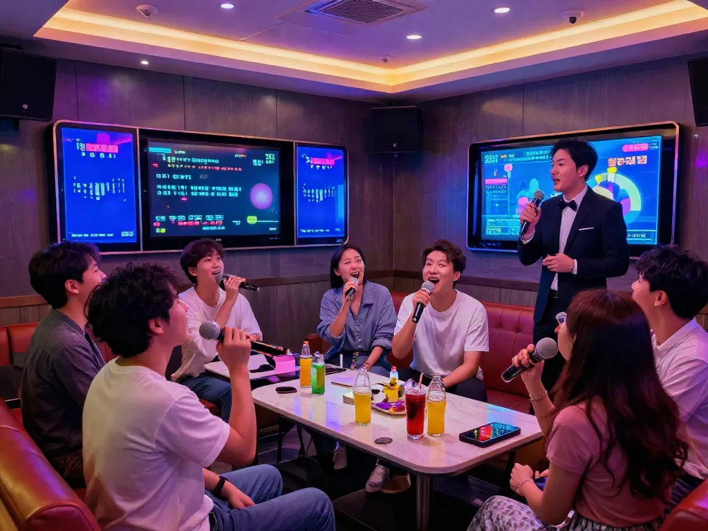 달리는토끼 현대적인 노래방에서 즐거운 친구들과 함께 노래하는 모습
