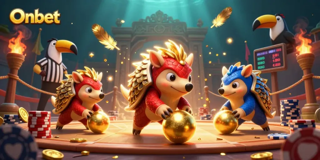 Engage with Onbet's vibrant casino scene featuring animated pangolins and golden poker chips.