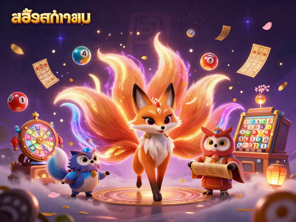 Engage with สล็อตทดลอง by experiencing vibrant 3D casino art featuring a glowing nine-tailed fox, wise owl, and dynamic lottery elements.