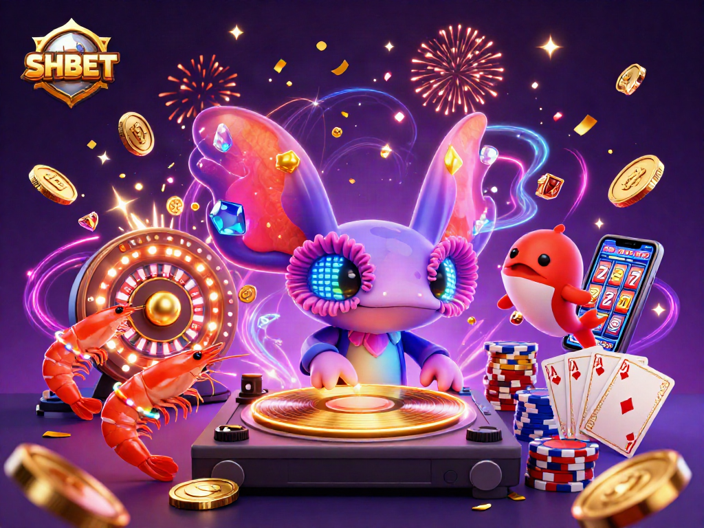 SHBET evokes excitement with vibrant casino festivities, showcasing an axolotl DJ and diverse gaming elements.