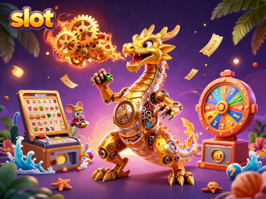 Permainan slot dalam suasana kasino virtual, dengan naga emas mekanik unik dan simbol keberuntungan.