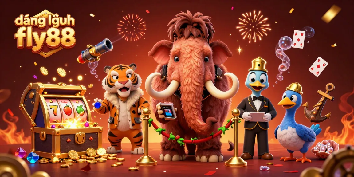 Join the excitement of đăng nhập fly88 with a vibrant casino scene depicting a woolly mammoth checking IDs and a saber-tooth VIP.