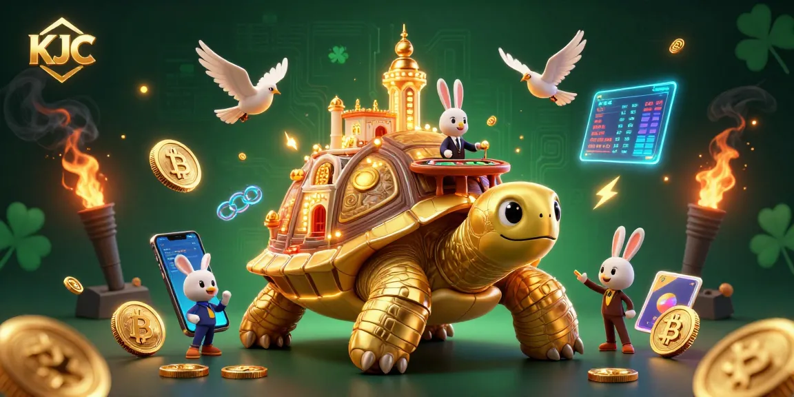 KJC casino experience with a golden tortoise, rabbit dealer, and floating cryptocurrencies.