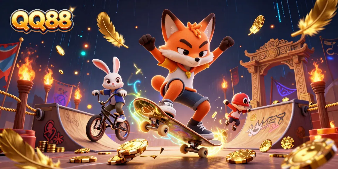 Engage in thrilling casino action with QQ88 featuring a playful fox and rabbit amid vibrant gaming elements.