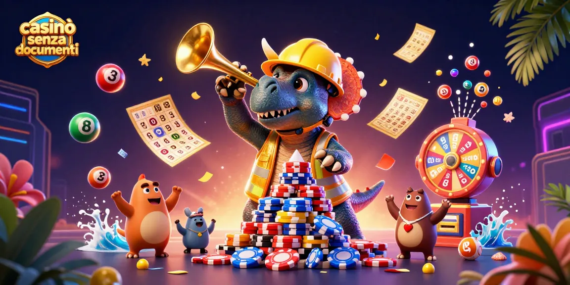 Immagine dinamica di casinò senza documenti con personaggi tridimensionali e palloni della lotteria.