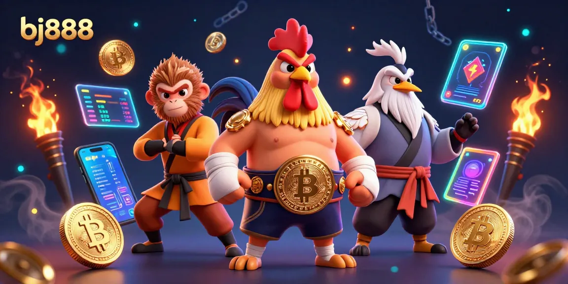 Experience the thrill of bj888 cockfighting with vibrant characters, neon crypto coins, and a dynamic arena scene.