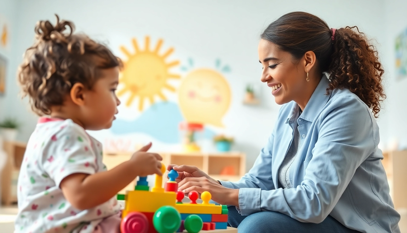 Engaging scene of ABA therapy in Troy, showing a therapist supporting a child in a colorful environment.
