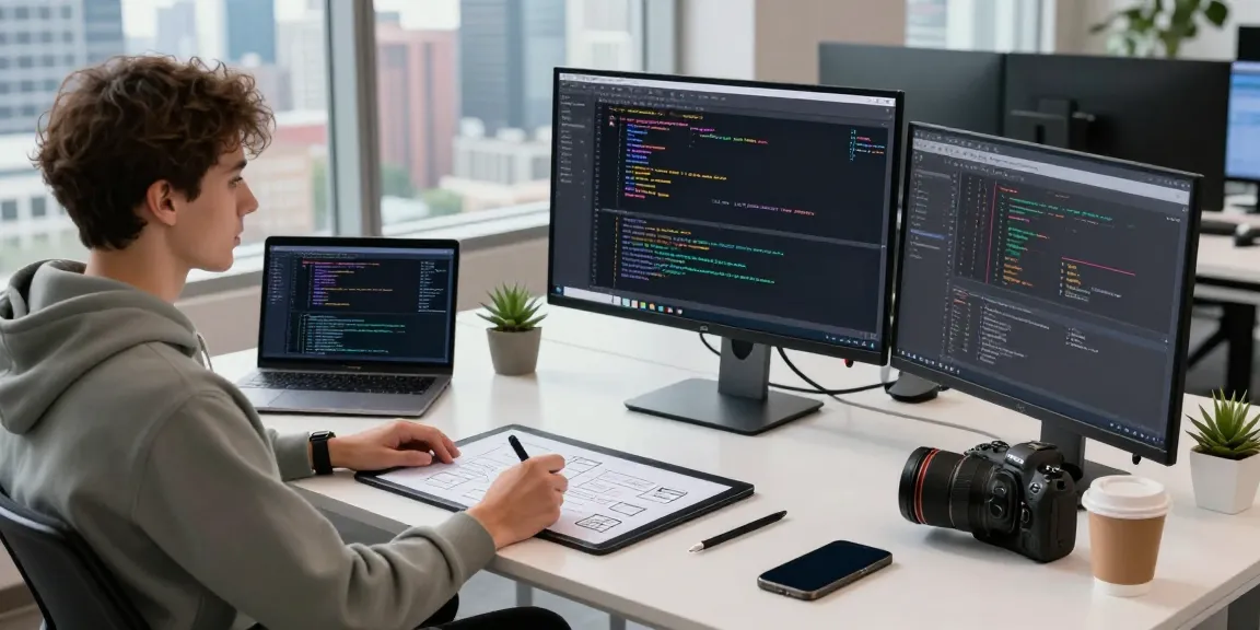 Innovative office workspace with a software engineer, showcasing modern tech tools at the WPS Official Website.