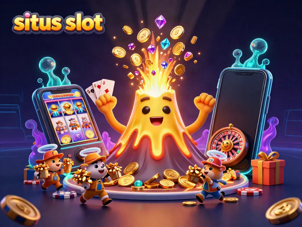 Menangkan hadiah dalam permainan situs slot dengan ilustrasi gunung berapi emas yang memancarkan koin dan harta karun.