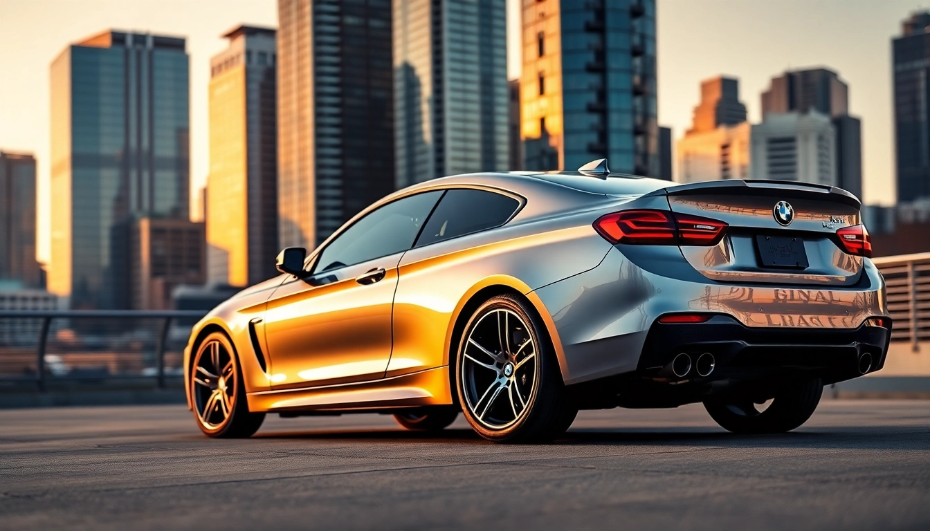 Luxury BMW car parked against a vibrant skyline, showcasing its elegance and modern design.