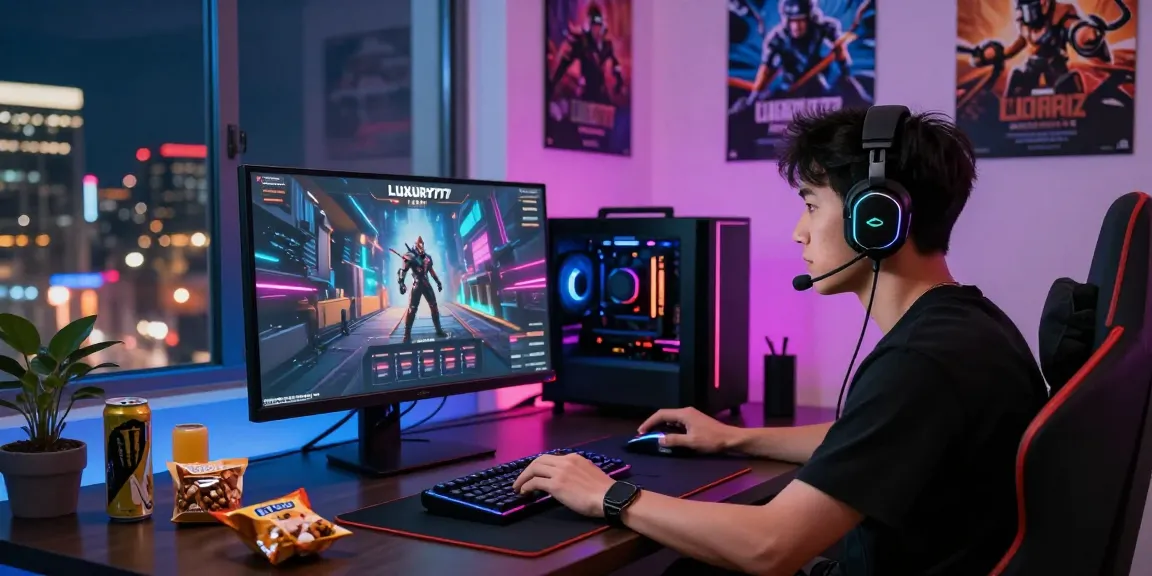 Menampilkan cara login LUXURY777 dalam pengalaman bermain game mewah dengan setup gaming modern.