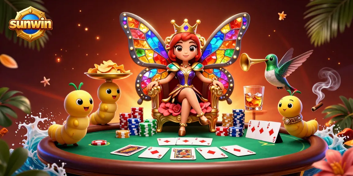 Experience the vibrant universe of sunwin casino through a dazzling illustration showcasing a butterfly queen and chip-laden caterpillar servants.