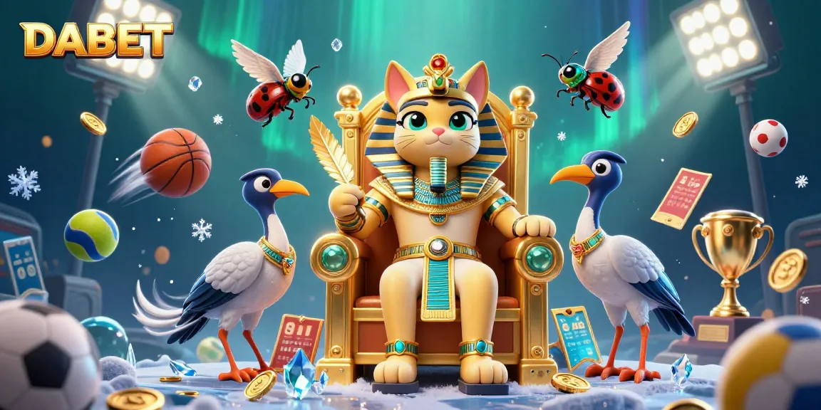 DABET sports betting scene with an Egyptian pharaoh cat, ibis scribe, and dynamic sports elements.