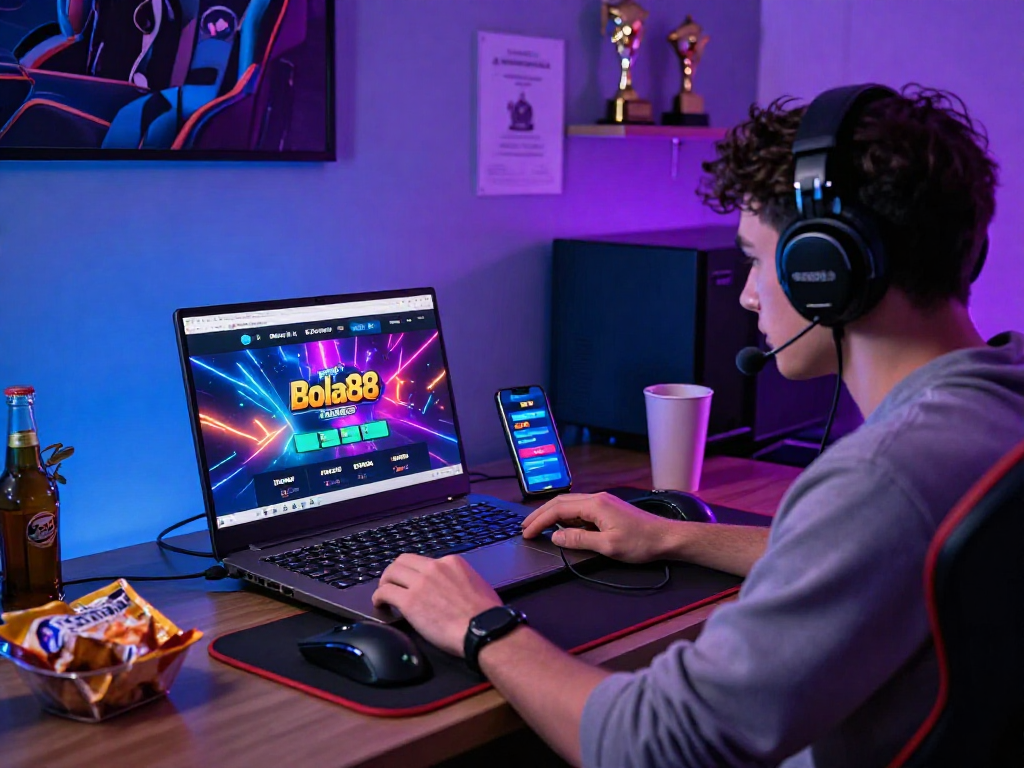 Online gaming setup featuring Bola88 with vibrant visuals and engaging atmosphere.