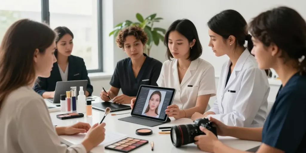 Exploring Alternatives to QOVES with aesthetic specialists analyzing facial data in a bright workspace.