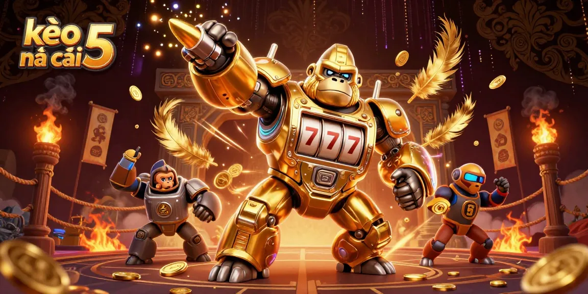Engage with exciting kèo nhà cái 5 on this vibrant visual of a golden gorilla mech and dynamic betting elements.