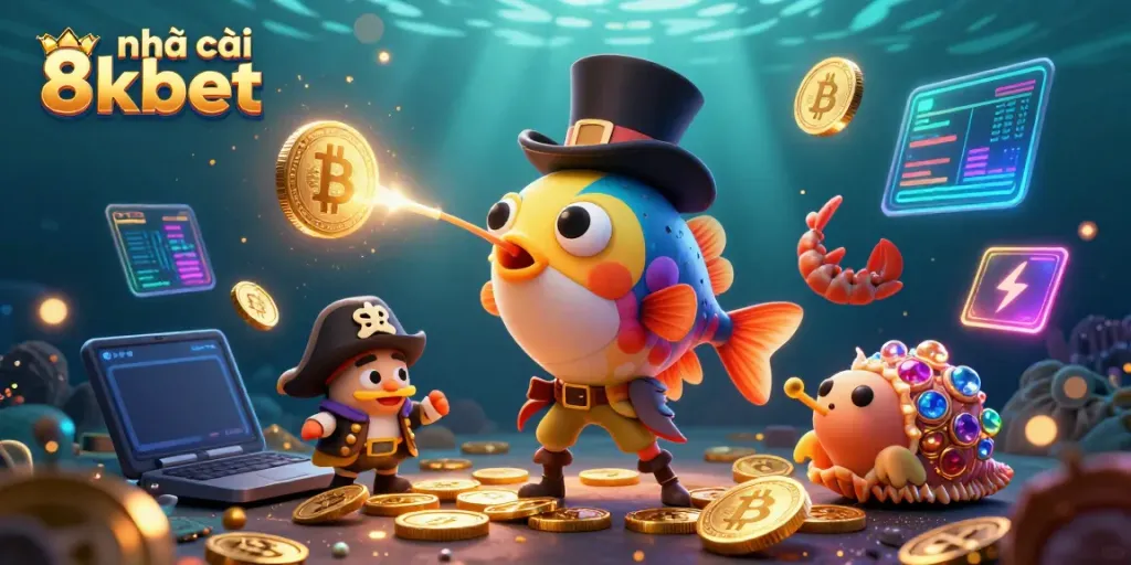 Engage with the vibrant world of nhà cái 8kbet, featuring characters attracting coins in a dynamic casino scene.