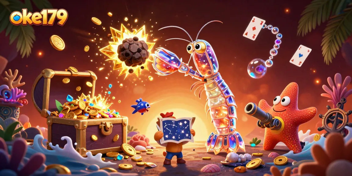 Join the excitement with oke179 as the galactic samurai mantis shrimp battles for golden treasures!