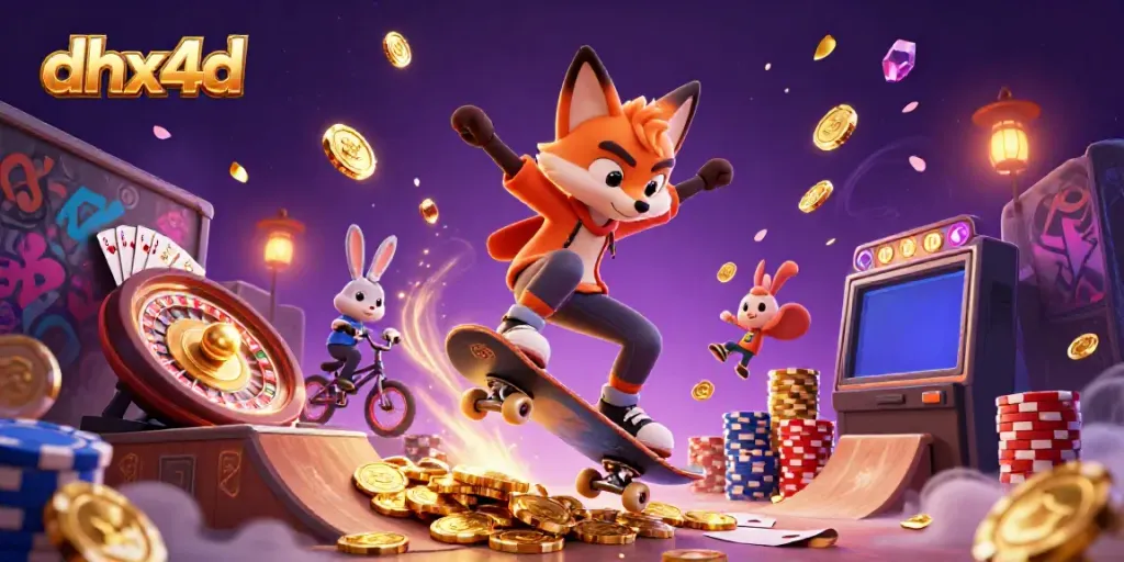 Gambarkan aksi dari dhx4d dengan rubah skateboarder melompat di atas chip poker dan kelinci BMX, dikelilingi oleh koin emas dan suasana kasino.