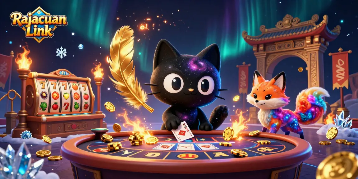 Permainan seru di Rajacuan Link dengan kucing hitam berpalet galaksi menarik koin emas dan kartu.