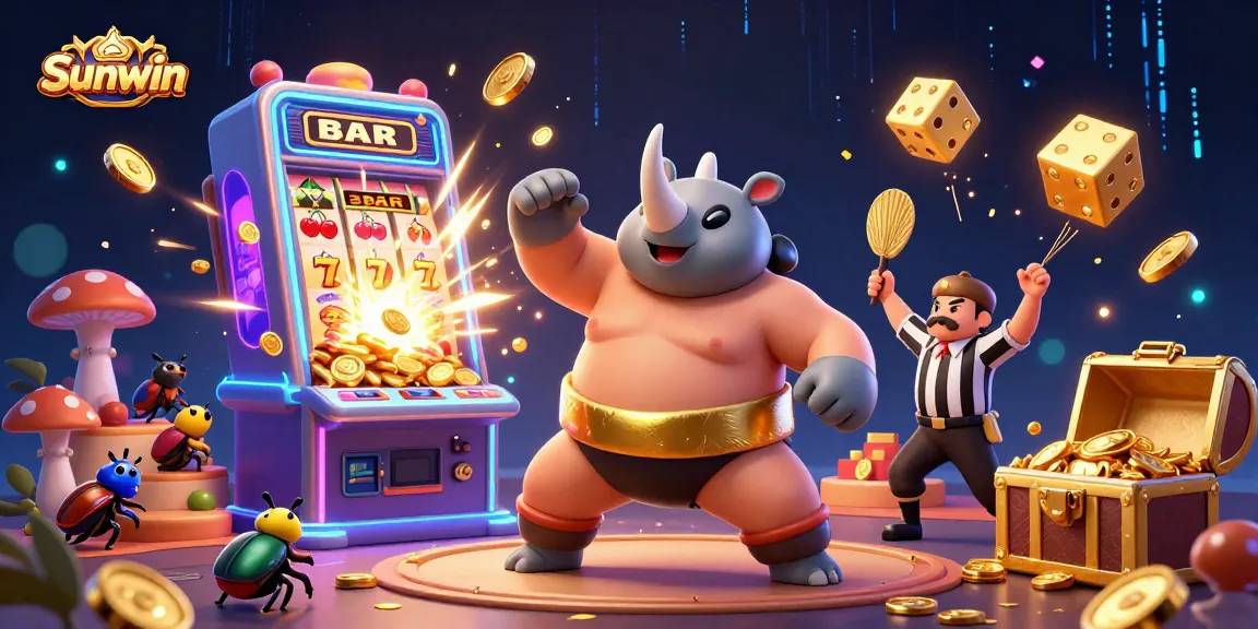 Sunwin casino scene with a cheerful beetle champion surrounded by slot machine action.