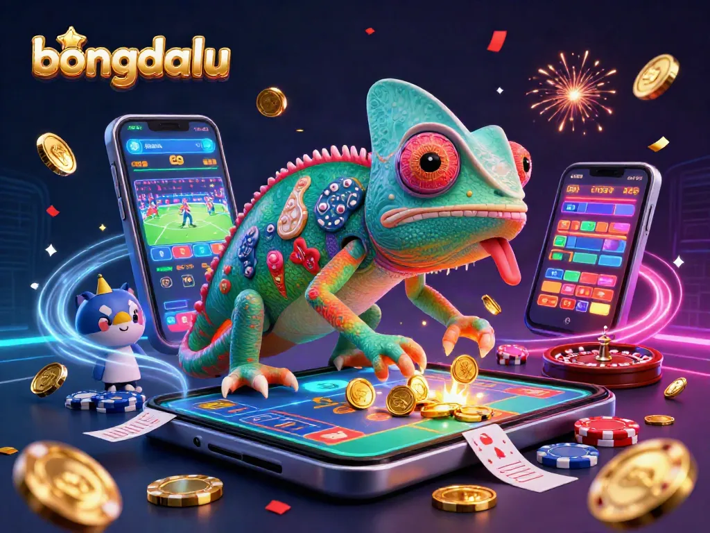 Bongdalu sports betting scene showcasing a dynamic chameleon character with colorful chips, action-packed gaming elements.