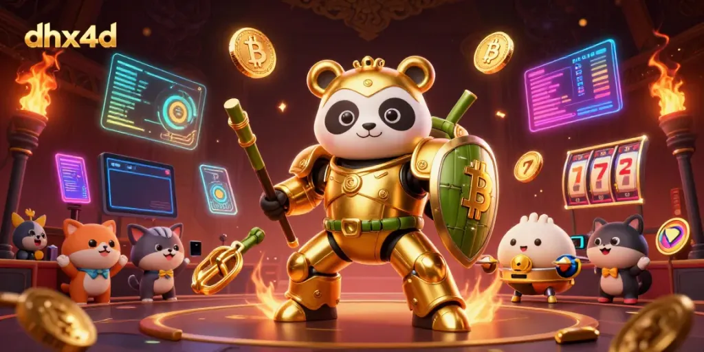 Permainan slot gacor di DHX4D menunjukkan panda emas yang memimpin robot tempur di arena bergemuruh.
