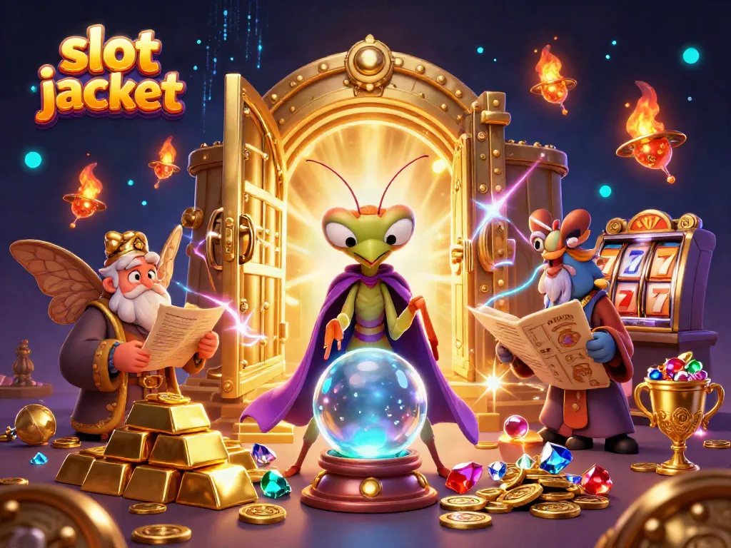 Experience the thrill of the slot jackpot with mystical characters and treasure elements in this vibrant illustration.