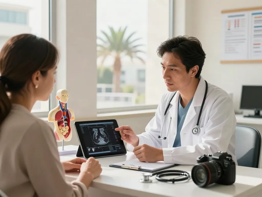 Thyroid clinic Abu Dhabi: compassionate doctor consulting with a patient on thyroid health.