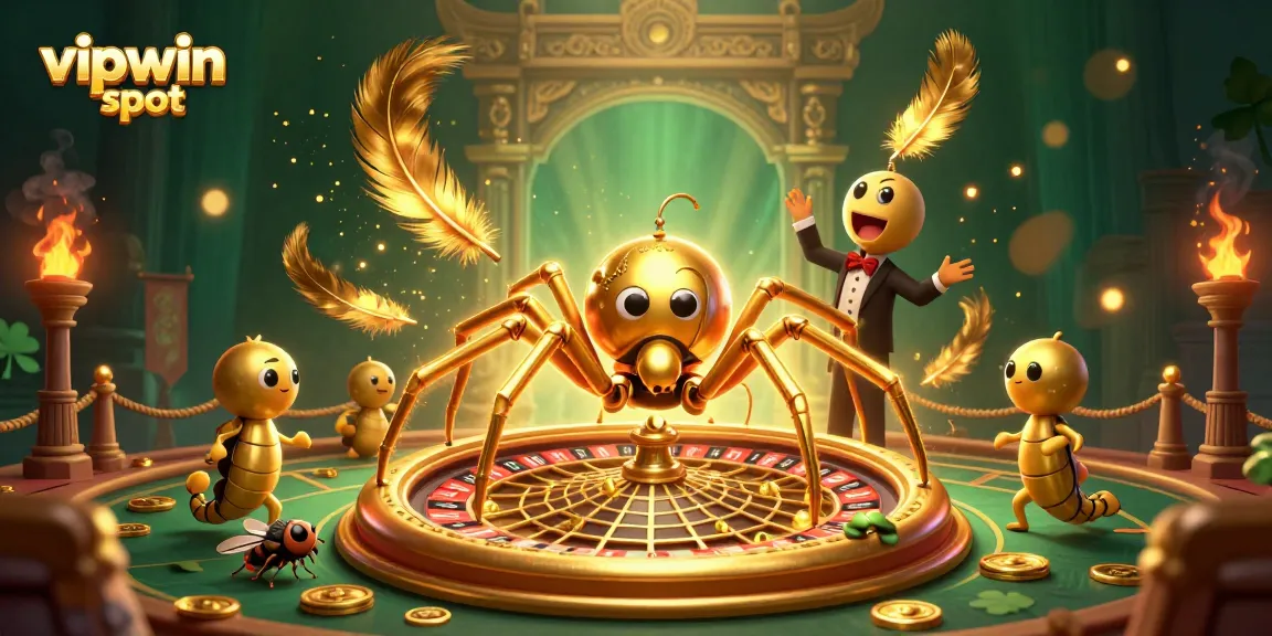 Bet on the vipwin spot with a vibrant 3D illustration showcasing a golden roulette web, lively characters, and dynamic casino elements.