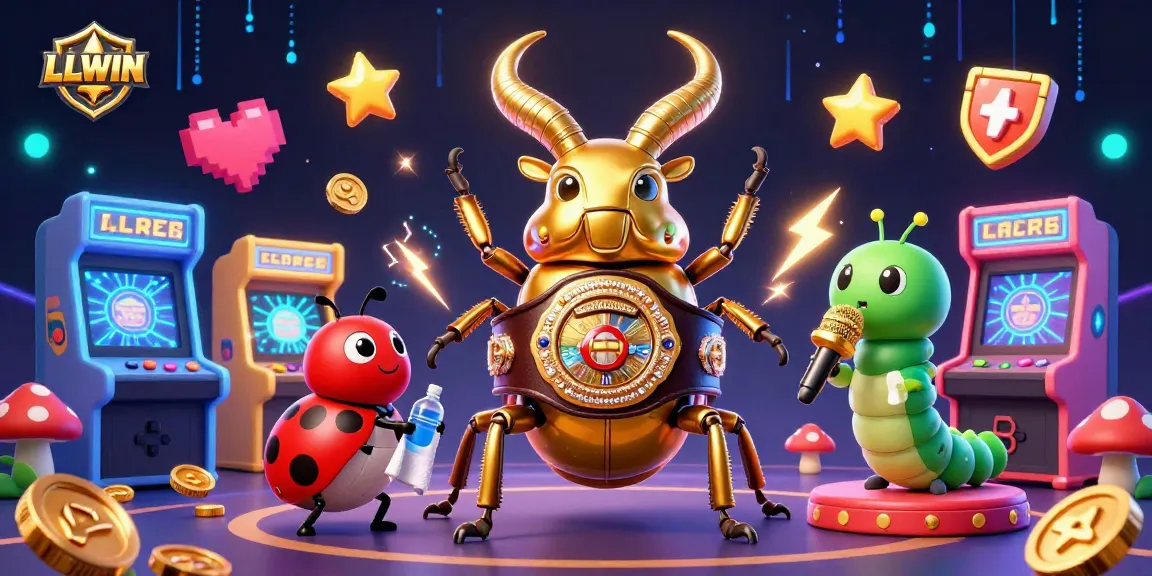 LLWIN showcases a dynamic 3D illustration, integrating gaming elements like arcade machines and glowing icons.