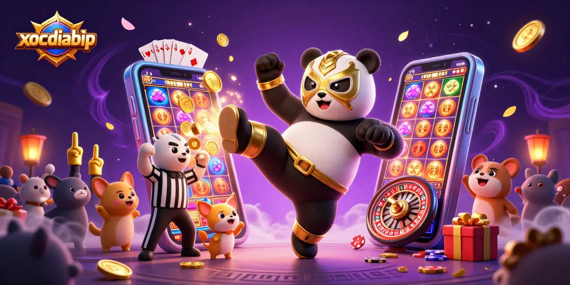 xocdiabip showcases an exciting gambling spectacle with a panda wrestler kicking as golden coins fly!