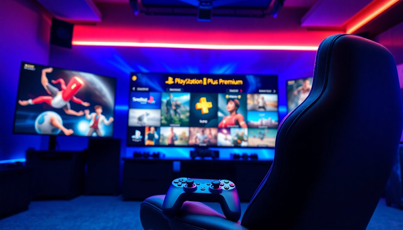 Showcase of PS Plus Premium games on an ultra-high-definition screen in a vibrant gaming setup.