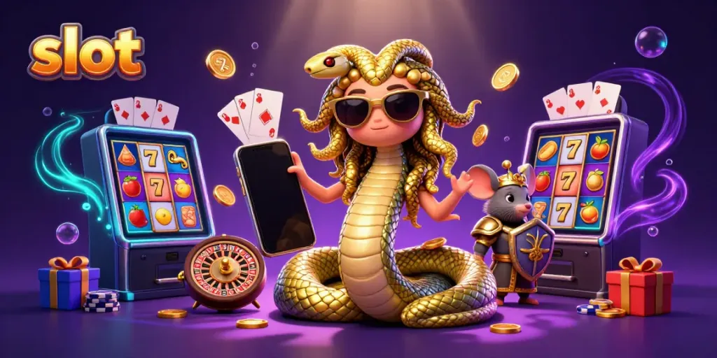 Slot yang menampilkan karakter Medusa imut dan pejuang tikus di lingkungan permainan kasino.