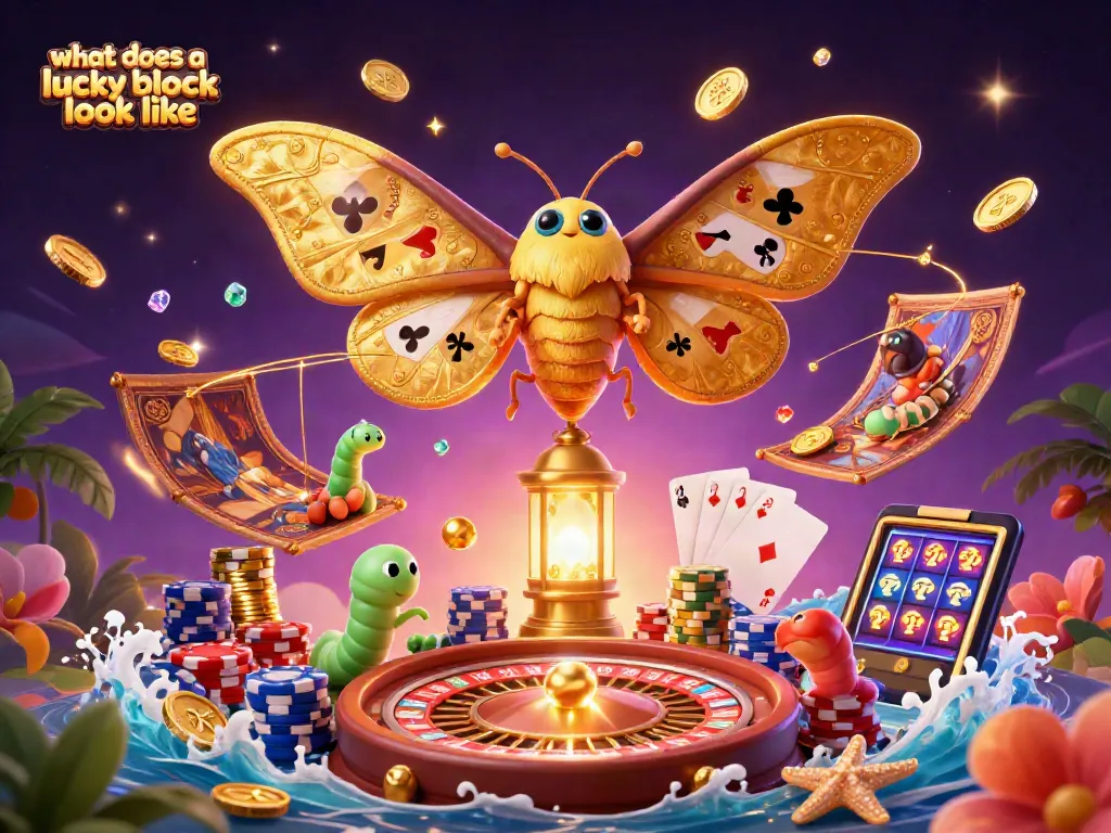 Experience what a lucky block looks like with vibrant casino elements, showcasing a moth, gems, and coins.