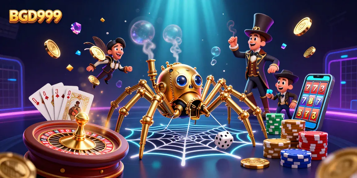 Experience the thrill of BGD999 with a dynamic scene of casino elements and a whimsical steampunk spider.