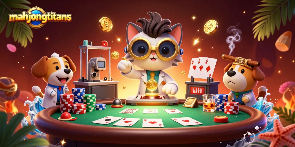 Experience gaming fun with mahjongtitans playing at a poker table with vibrant characters and animated action.