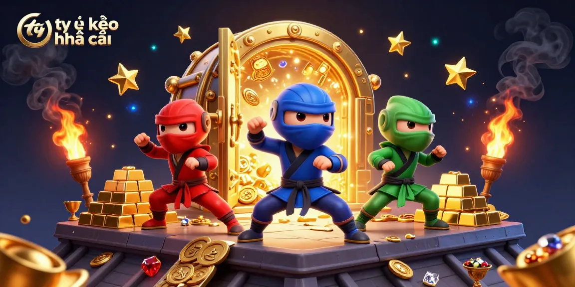 A vibrant illustration showcasing a dynamic ninja chameleon team around treasure elements symbolizing tỷ lệ kèo nhà cái for thrilling betting action.