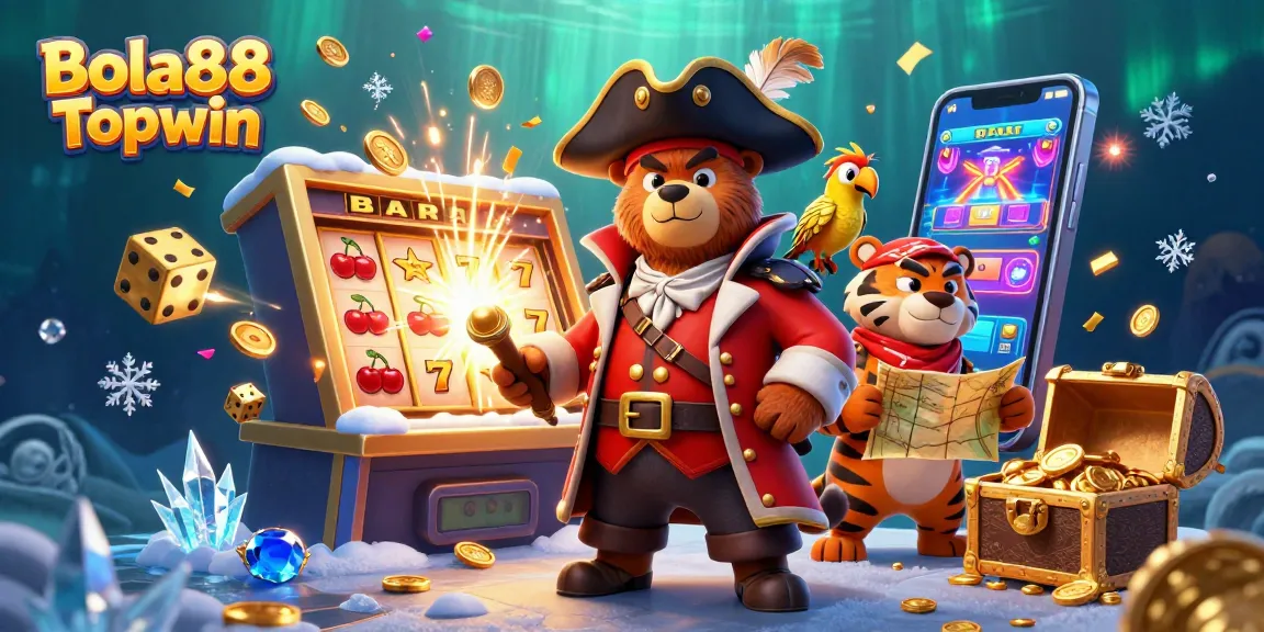 Bola88 Topwin showcases an exciting pirate-themed gaming adventure with dynamic slot elements and vibrant coins.