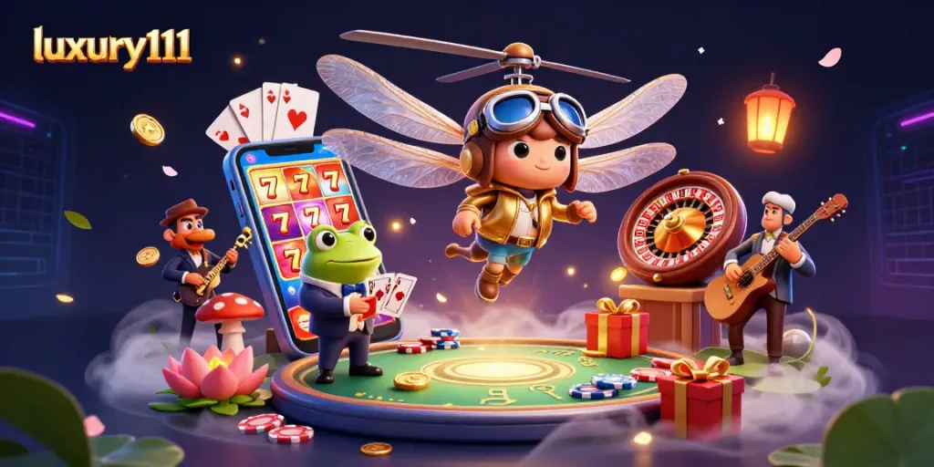 Engage in thrilling gameplay with luxury111's vibrant casino scene featuring cards, coins, and a unique frog croupier.