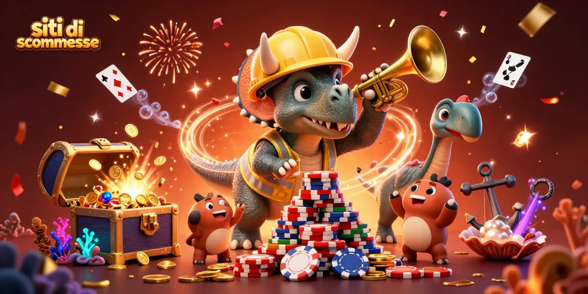 Siti di scommesse: Un triceratopo sta costruendo una piramide di fiches mentre festeggia con gioia insieme ai compagni.