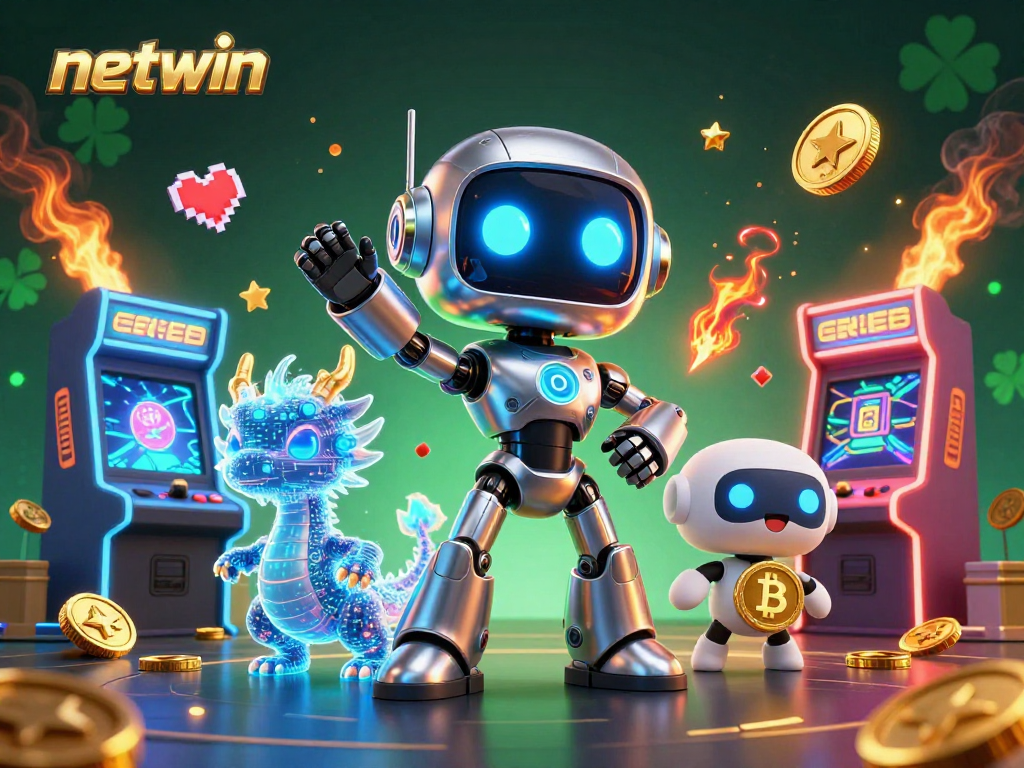 Engage with netwin in this vibrant 3D scene featuring a cyberpunk robot and gaming elements.