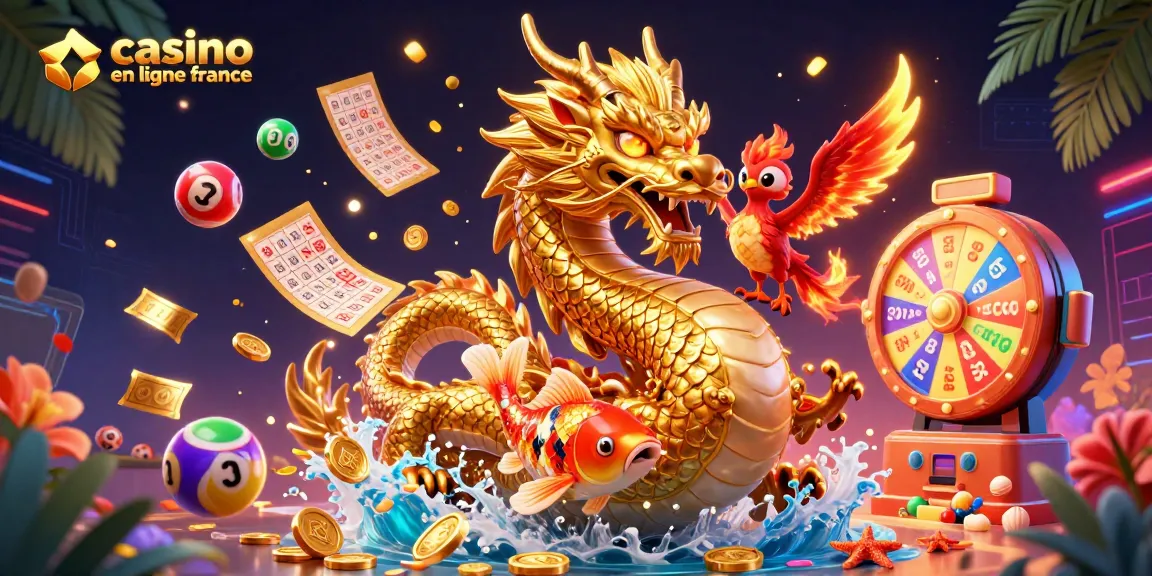 Jouer dans un casino en ligne France avec un dragon doré, un phénix et un koï entourés de loteries.